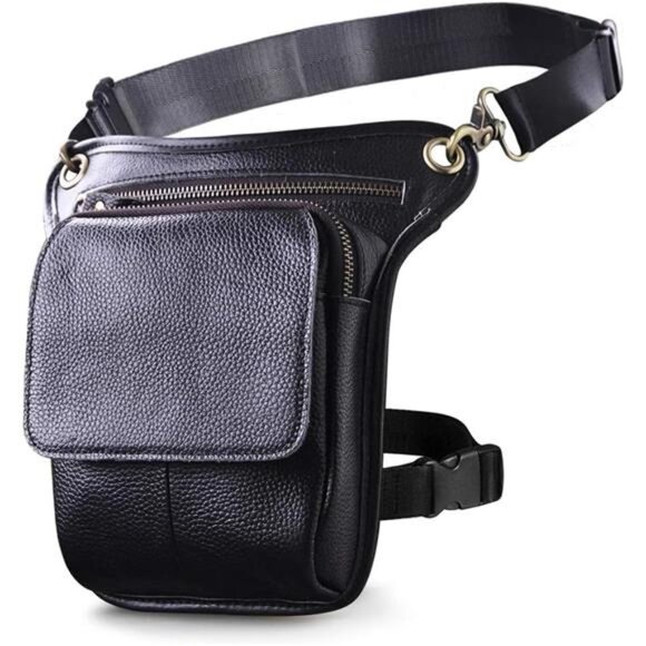 Mens Genuine Leather Motorcycle Waist Pack Messenger Shoulder Drop Leg Bag - Picture 1 of 8